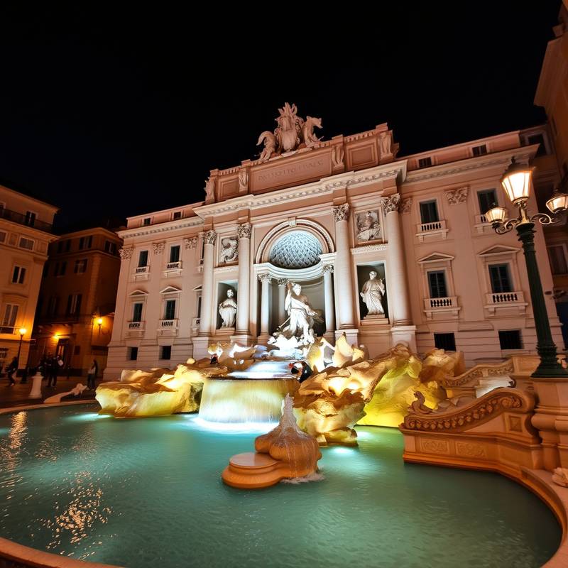 La fontaine de Trevi illuminée la nuit.