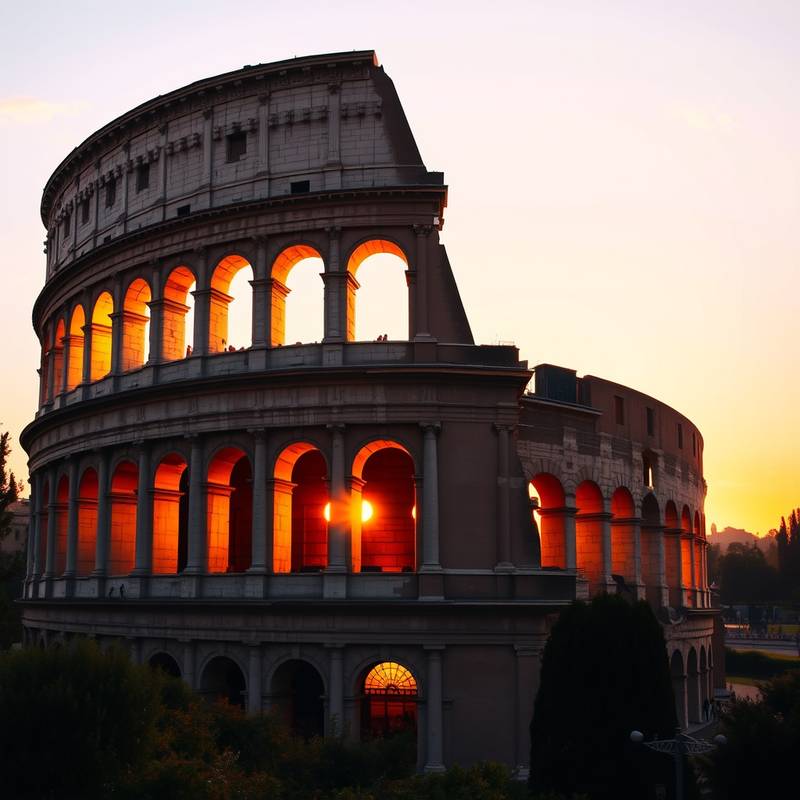 Le Colisée antique illuminé par le soleil couchant à Rome, Italie.