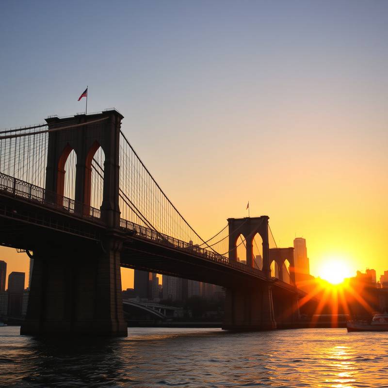 Le pont de Brooklyn au coucher du soleil.