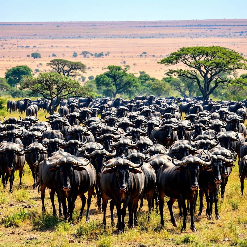 Le Serengeti en Tanzanie, avec une migration de gnous au premier plan.