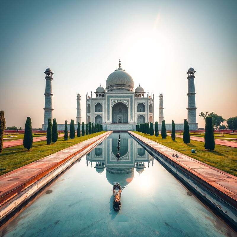 Le Taj Mahal, un mausolée en marbre blanc, rayonnant sous le soleil indien, Agra, Inde.