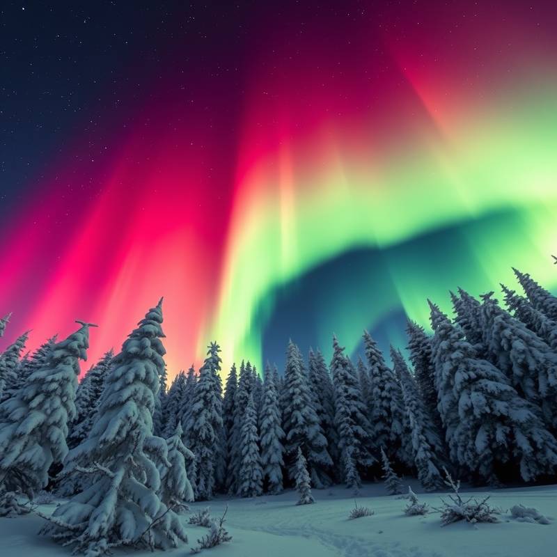 Les aurores boréales illuminant le ciel au-dessus d'une forêt enneigée en Islande.