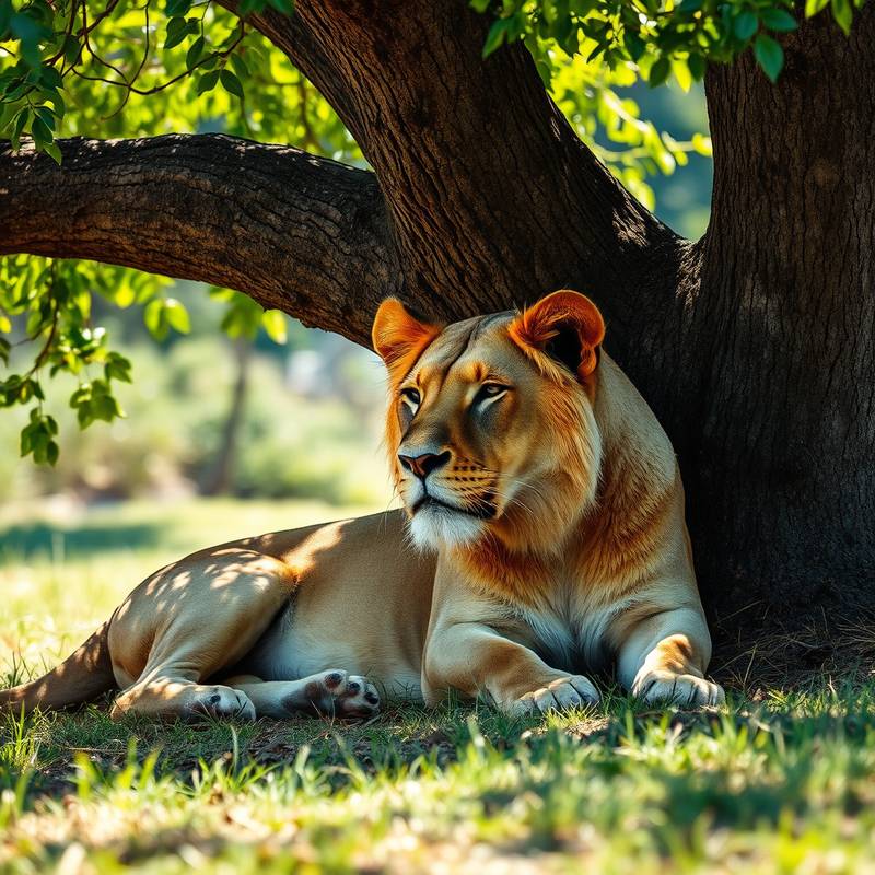 Lionne se reposant à l'ombre d'un arbre.