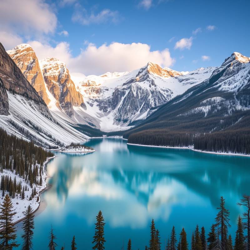 Paysage du parc national de Banff, Canada, avec ses montagnes enneigées et ses lacs turquoise.