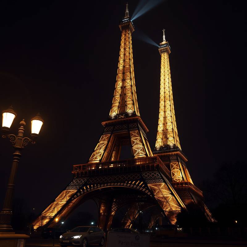 Vue de la Tour Eiffel illuminée à Paris, France.