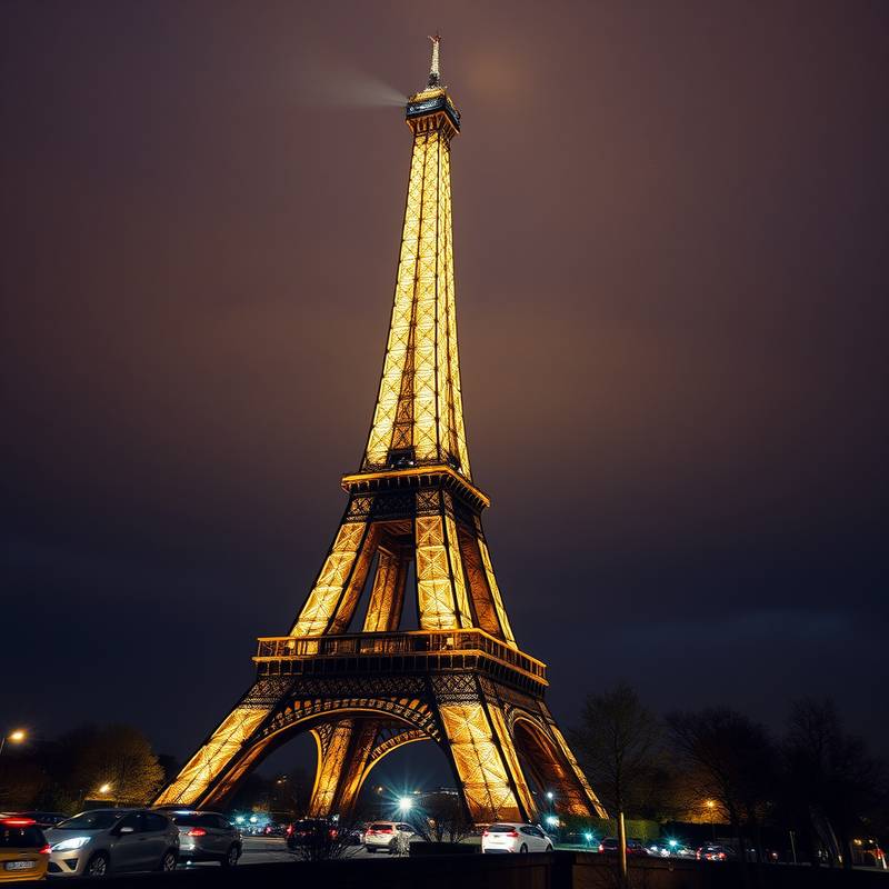 Vue pittoresque de la Tour Eiffel illuminée la nuit à Paris, France.